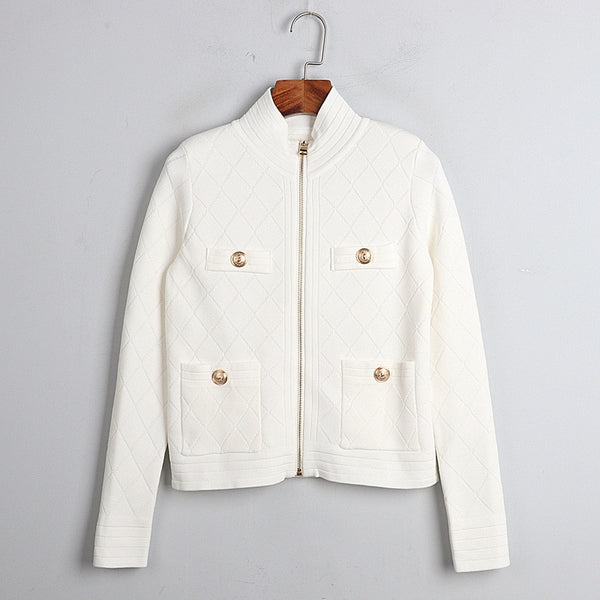 Spring Fall Zipper Knit Cardigan All-Match Black&White Long Sleeve Temperament Women Slim Sweater Outwear Harajuku