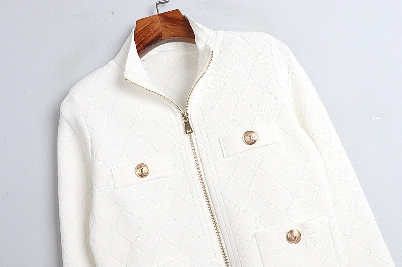 Spring Fall Zipper Knit Cardigan All-Match Black&White Long Sleeve Temperament Women Slim Sweater Outwear Harajuku