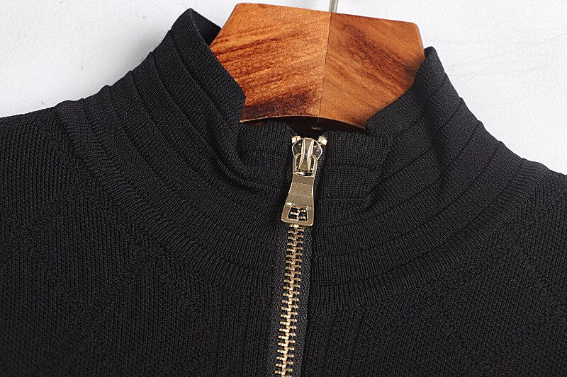 Spring Fall Zipper Knit Cardigan All-Match Black&White Long Sleeve Temperament Women Slim Sweater Outwear Harajuku