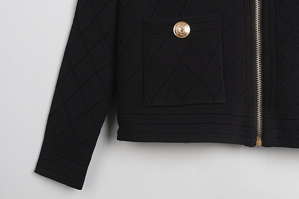 Spring Fall Zipper Knit Cardigan All-Match Black&White Long Sleeve Temperament Women Slim Sweater Outwear Harajuku