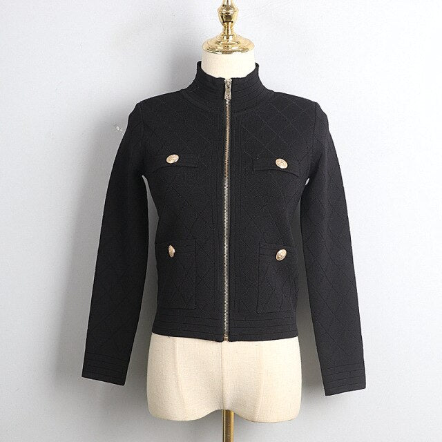 Spring Fall Zipper Knit Cardigan All-Match Black&White Long Sleeve Temperament Women Slim Sweater Outwear Harajuku