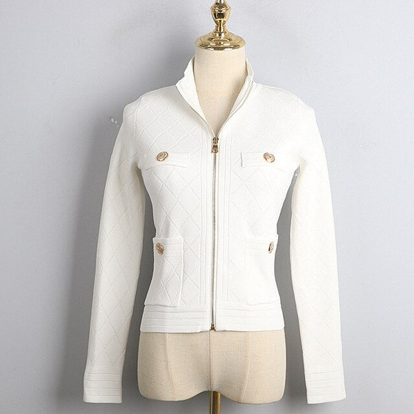 Spring Fall Zipper Knit Cardigan All-Match Black&White Long Sleeve Temperament Women Slim Sweater Outwear Harajuku