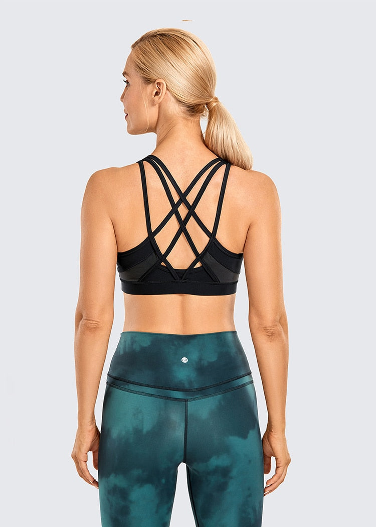 Women's Strappy Sports Bras V Neck Medium Impact Wirefree Padded Yoga Bras with Built in Bra