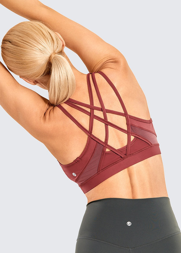 Women's Strappy Sports Bras V Neck Medium Impact Wirefree Padded Yoga Bras with Built in Bra