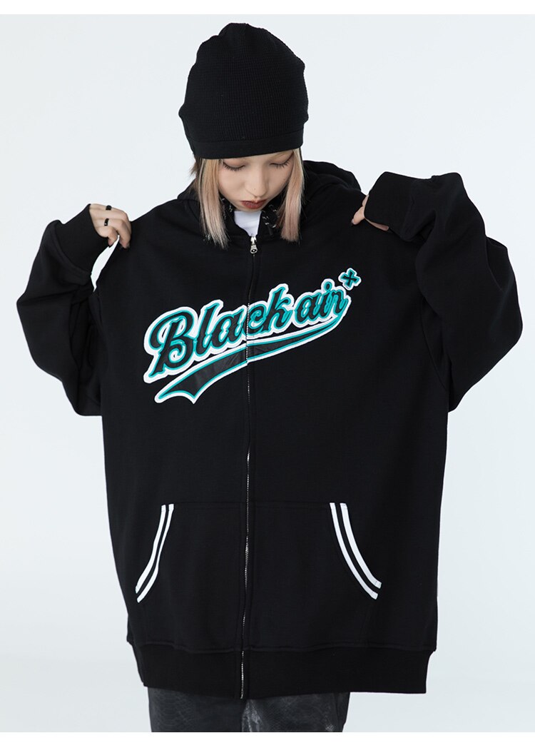 Zipper Hoodie Men Leather Letter Embroidery Hooded Coats Autumn Oversized Vintage Harajuku Sweatshirt Couple Streetwear