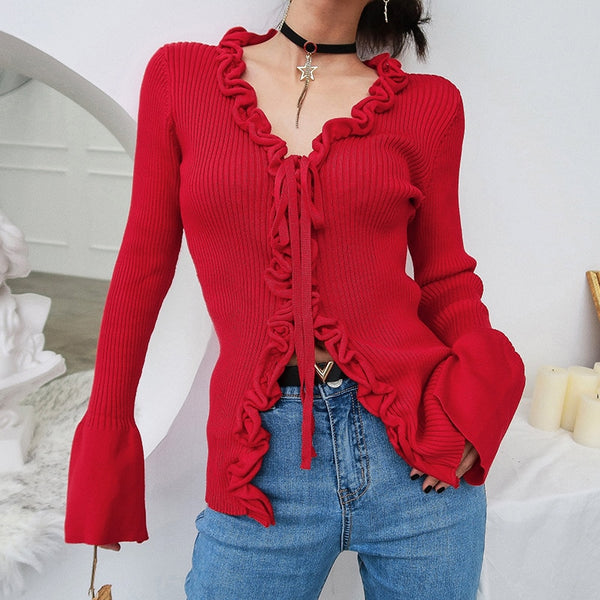 Fall New Arrival Slim V-Neck Ruffle Women Buttons Sweater Elastic Flare Sleeve Knitted Cardigans Long Sleeve Tops