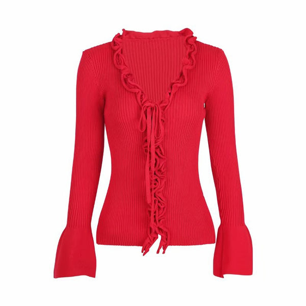 Fall New Arrival Slim V-Neck Ruffle Women Buttons Sweater Elastic Flare Sleeve Knitted Cardigans Long Sleeve Tops