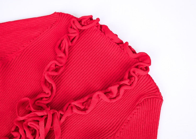 Fall New Arrival Slim V-Neck Ruffle Women Buttons Sweater Elastic Flare Sleeve Knitted Cardigans Long Sleeve Tops