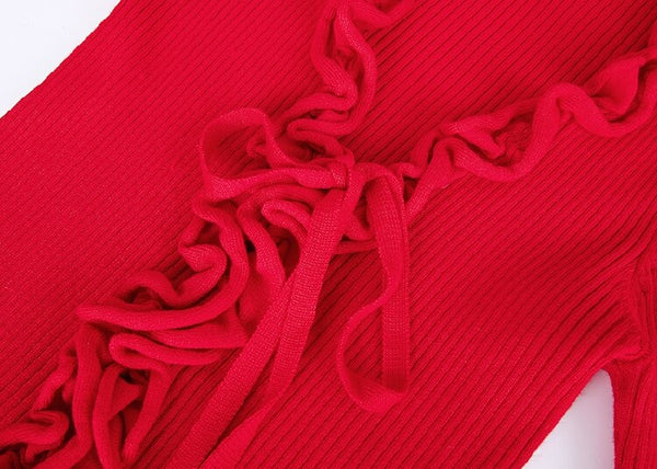 Fall New Arrival Slim V-Neck Ruffle Women Buttons Sweater Elastic Flare Sleeve Knitted Cardigans Long Sleeve Tops