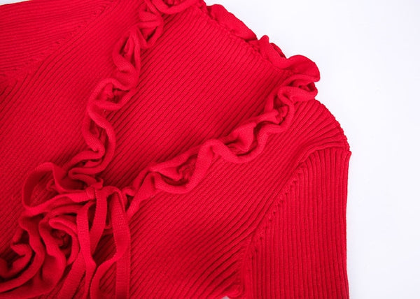 Fall New Arrival Slim V-Neck Ruffle Women Buttons Sweater Elastic Flare Sleeve Knitted Cardigans Long Sleeve Tops