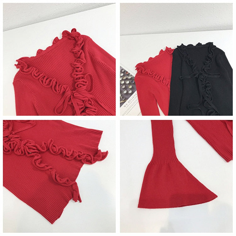 Fall New Arrival Slim V-Neck Ruffle Women Buttons Sweater Elastic Flare Sleeve Knitted Cardigans Long Sleeve Tops