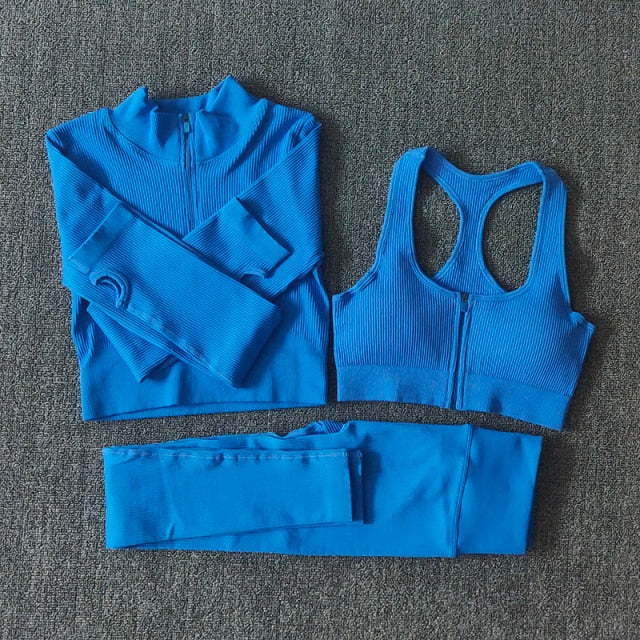 Seamless Yoga Set Zipper Long Sleeve Sport Suit Drawstring High Waist Gym Leggings Workout Clothes For Women Sportswear