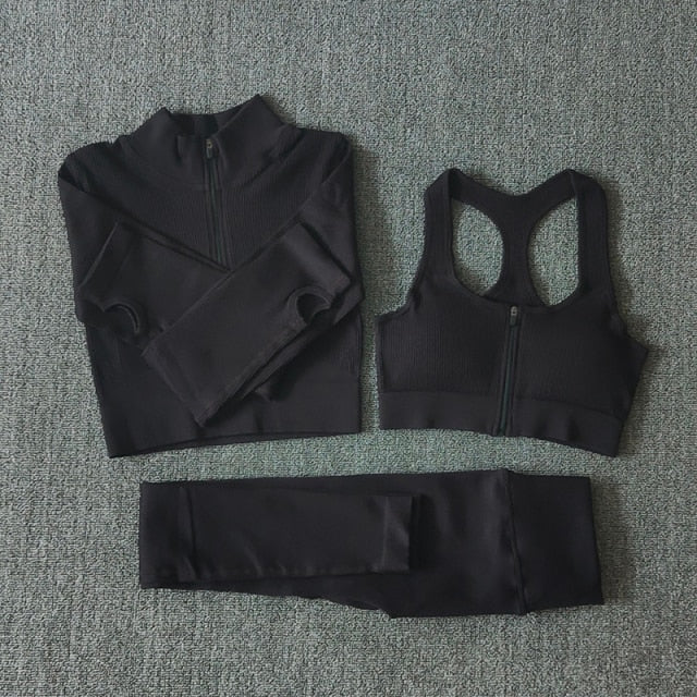 Seamless Yoga Set Zipper Long Sleeve Sport Suit Drawstring High Waist Gym Leggings Workout Clothes For Women Sportswear