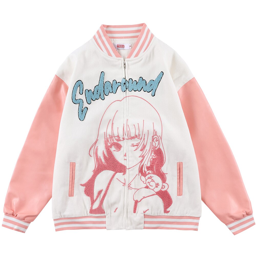 Jacket Men Comics Girl Print Patchwork Color Baseball Jackets College Style Baggy Casual Outwear Cozy Couple Streetwear