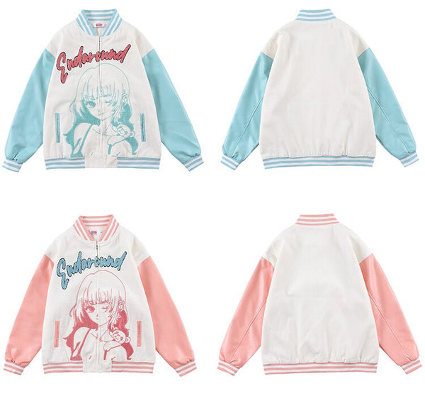 Jacket Men Comics Girl Print Patchwork Color Baseball Jackets College Style Baggy Casual Outwear Cozy Couple Streetwear