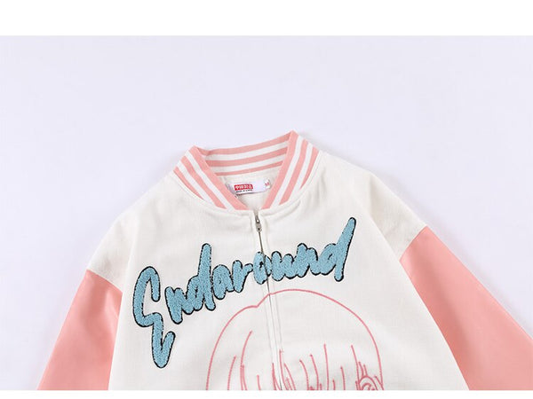 Jacket Men Comics Girl Print Patchwork Color Baseball Jackets College Style Baggy Casual Outwear Cozy Couple Streetwear