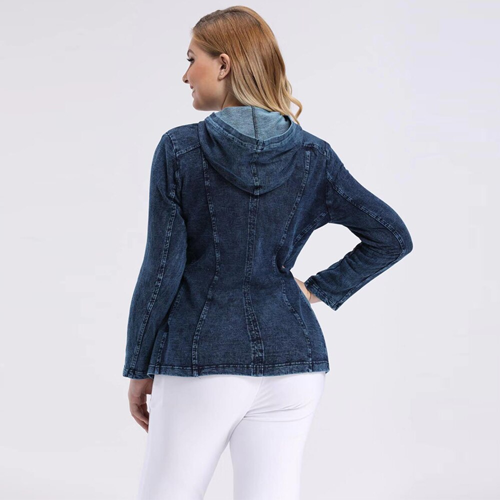 Women's Jacket Plus Size Casual Denim Jacket High Flexibility Slim Fit Hoodie Blouses Shoulder Pads Chaquetas
