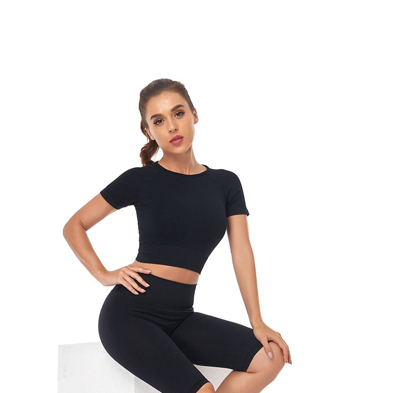 Women Yoga Shirts Short Sleeve Crop Top Gym Tops Fitness Running Workout Sport T-Shirts Sports Wear