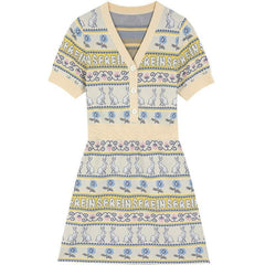 Graphic Jacquard Casual Women Vintage 2-IN-1 Dress,Autumn High Waist Short Sleeve Korean Ladies Indie Folk Dress