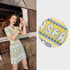 Graphic Jacquard Casual Women Vintage 2-IN-1 Dress,Autumn High Waist Short Sleeve Korean Ladies Indie Folk Dress