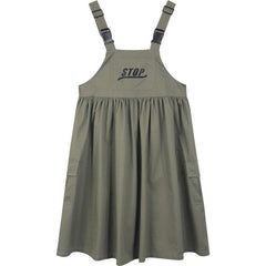 Army Green Letter High Waist Casual Vintage Overall Dresses Women Summer Stylish Sleeveless Korean Ladies Dress