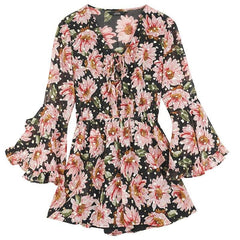 Floral Print Casual Women Vintage Dress,Summer Ruffle Full Sleeve Sweety Ladies Bohemia Holiday Beach Dress