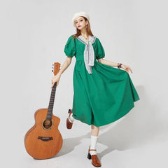 Solid Pure Casual Chic Vintage Dresses Women,Summer ELF Puff Sleeve High Waist Ladies Daily Party Dress