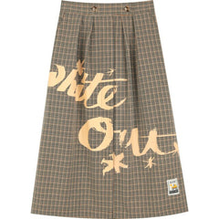 Letter Plaid High Waist Casual Women Midi Skirt,Autumn ELF Vintage,Korean Ladies Daily Bottom