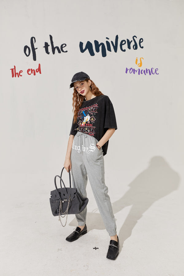 Solid Letter High Waist Straight Casual Women Harem Trouser,Autumn Chic Pure Korean Ladies Basic Daily Bottom | Vimost Shop.