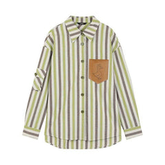 Striped Cartoon Applique Single Breasted Casual Shirt Women,Autumn Vintage Full Sleeve,Korean Ladies Basic Top