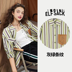 Striped Cartoon Applique Single Breasted Casual Shirt Women,Autumn Vintage Full Sleeve,Korean Ladies Basic Top