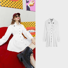 Solid Chic Button Casual Vintage Shirt Dresses Women,Autumn Korean Ladies Daily Preppy Party Dress