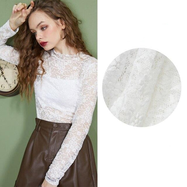 Solid Pure Contrast Lace Casual Chiffon Blouse Women,Autumn Full Sleeve Female,Basic Daily Vintage Top | Vimost Shop.