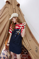Striped Applique High Waist Casual Vintage Overall Dresses Women,Autumn Stylish Korean Ladies Daily Denim Dress