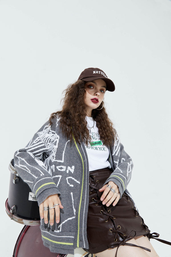 Graphic Jacquard Chic Single Breasted Knit Casual Women Cardigan Autumn Vintage Full Sleeve Daily Top | Vimost Shop.