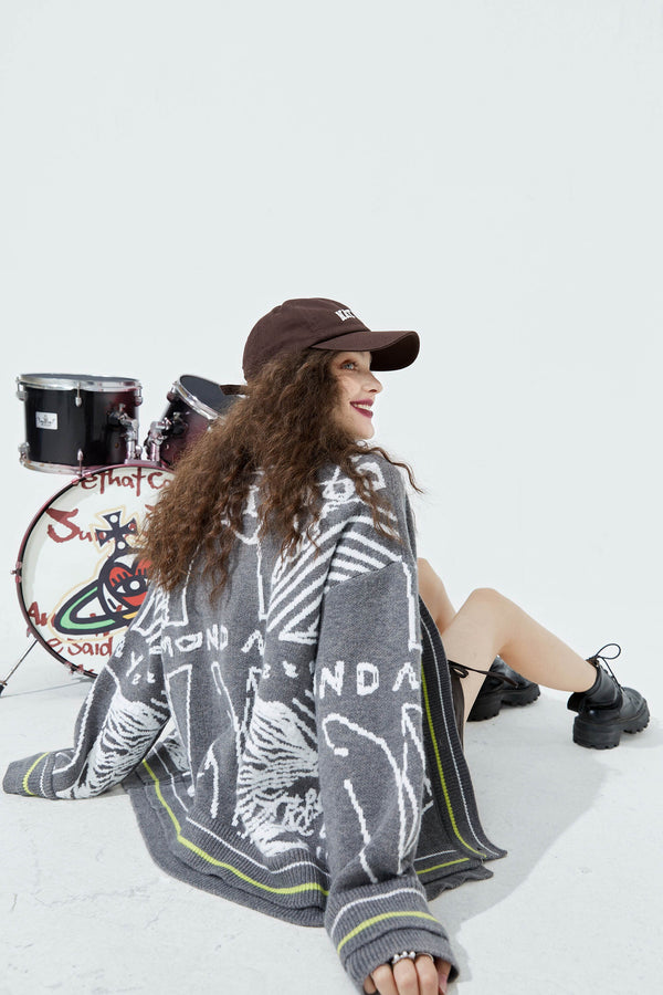 Graphic Jacquard Chic Single Breasted Knit Casual Women Cardigan Autumn Vintage Full Sleeve Daily Top | Vimost Shop.