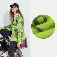 Graphic Jacquard Chic Single Breasted Knit Casual Women Cardigan Autumn Vintage Full Sleeve Daily Top