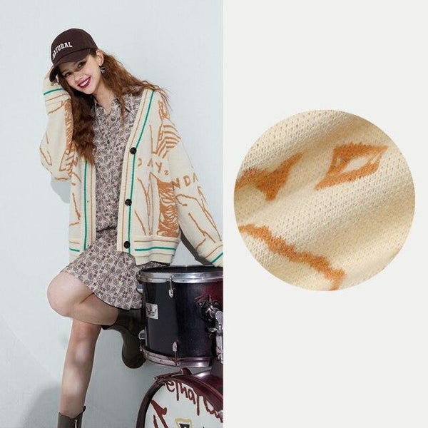 Graphic Jacquard Chic Single Breasted Knit Casual Women Cardigan Autumn Vintage Full Sleeve Daily Top | Vimost Shop.