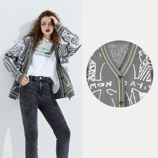 Graphic Jacquard Chic Single Breasted Knit Casual Women Cardigan Autumn Vintage Full Sleeve Daily Top | Vimost Shop.