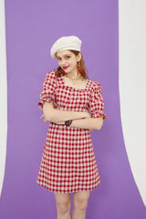 Plaid British Chic Casual Women Vintage Dress,Summer High Puff Sleeve Korean Ladies Daily Preppy Mini Dress