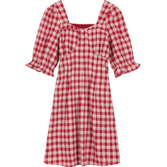 Plaid British Chic Casual Women Vintage Dress,Summer High Puff Sleeve Korean Ladies Daily Preppy Mini Dress