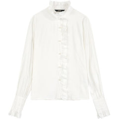 Solid Pure Pearls Bead Single Breasted Casual Shirt Women,Autumn Vintage Full Sleeve,Korean Ladies Basic Ruffle Top
