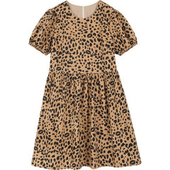 Leopard High Waist Casual Vintage Dresses Women,Autumn Short Sleeve Stylish Korean Ladies Daily Dress