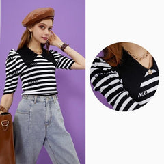 Striped Letter Women Casual Knit Pullover Sweaters,Summer Vintage Colorblock,Short Sleeve Girly Daily Knitwear