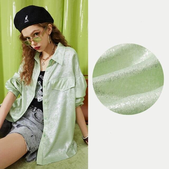 Solid Pure Chic Single Breasted Casual Satin Shirt Women,Autumn Vintage Stylish,Korean Ladies Daily Chiffon Top | Vimost Shop.