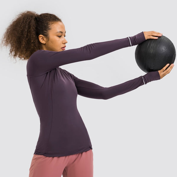 Hidden Zipper Pocket Yoga Workout Sport Pullover Women Thermal Nylon Crew Neck Nylon Running Gym Long Sleeved Shirts