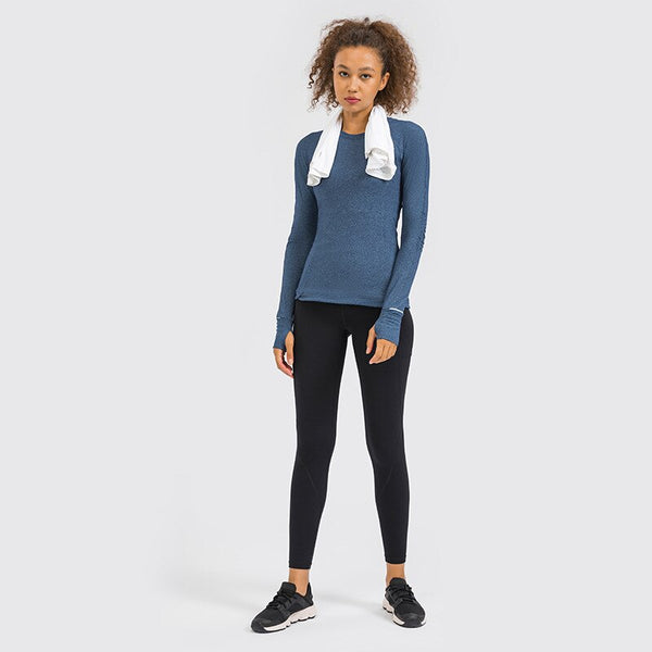 Hidden Zipper Pocket Yoga Workout Sport Pullover Women Thermal Nylon Crew Neck Nylon Running Gym Long Sleeved Shirts