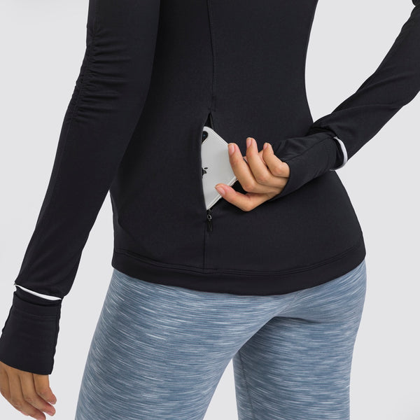 Hidden Zipper Pocket Yoga Workout Sport Pullover Women Thermal Nylon Crew Neck Nylon Running Gym Long Sleeved Shirts