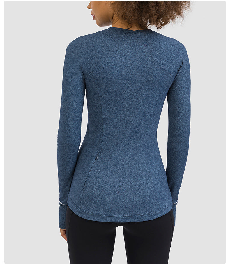 Hidden Zipper Pocket Yoga Workout Sport Pullover Women Thermal Nylon Crew Neck Nylon Running Gym Long Sleeved Shirts