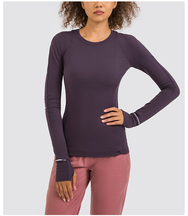 Hidden Zipper Pocket Yoga Workout Sport Pullover Women Thermal Nylon Crew Neck Nylon Running Gym Long Sleeved Shirts